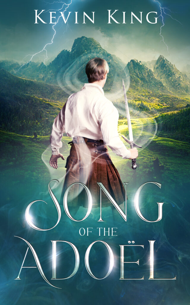 Song of the Adoël cover image (YA Fantasy Novel) - a young man holding a sword looking out into the mountains, with storm clouds and lightning.